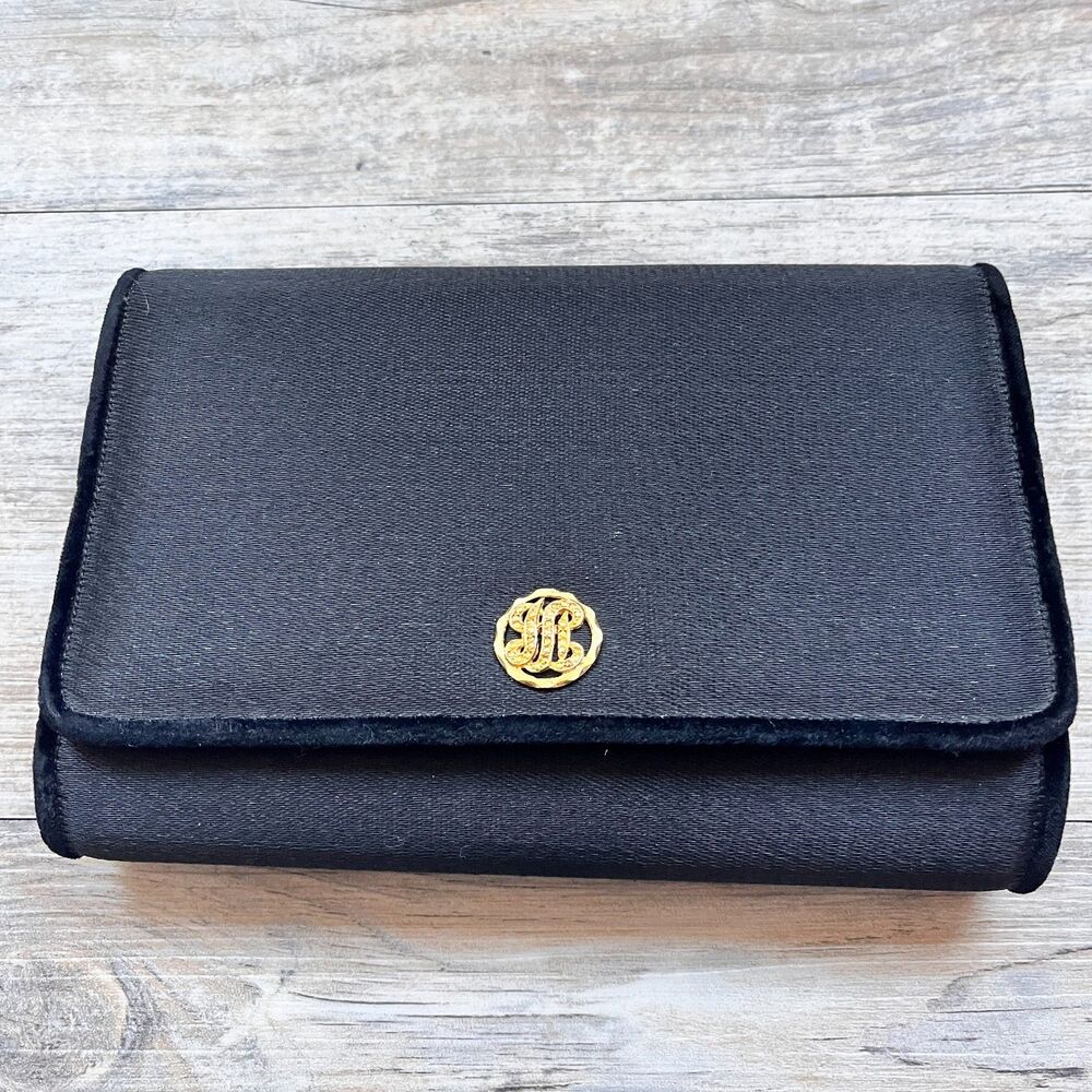 Bienen-Davis Black Satin Clutch Evening Bag Gold Monogram Clasp Vintage - Picture 8 of 8